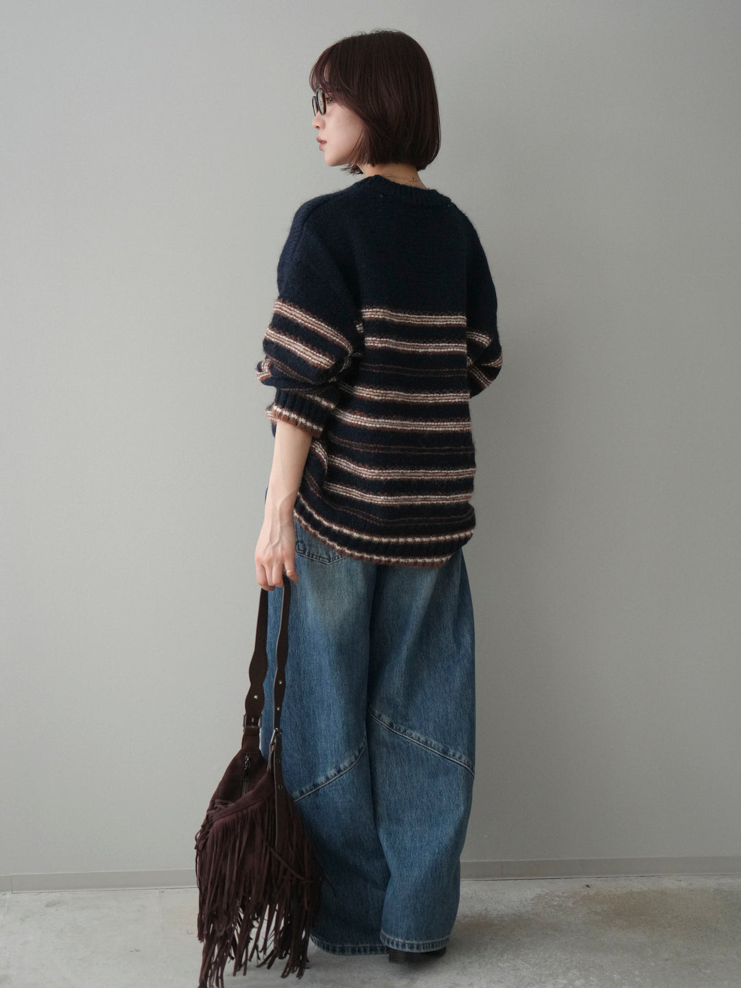 [SET]ステッチボーダーニットプルオーバー+ペインターカーブデニムパンツ(2set)