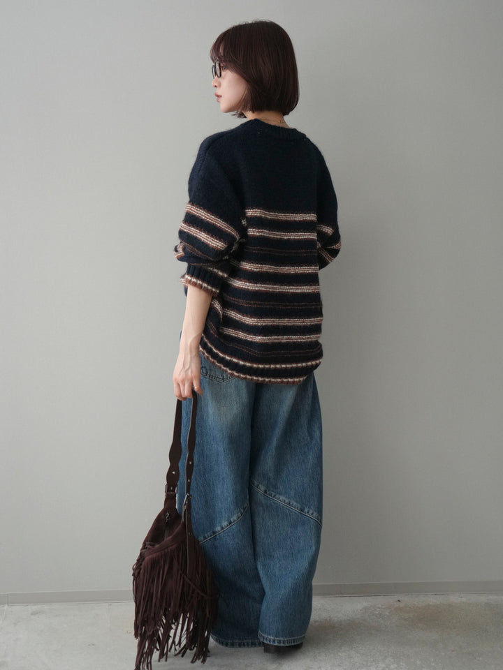 [SET]ステッチボーダーニットプルオーバー+ペインターカーブデニムパンツ(2set)