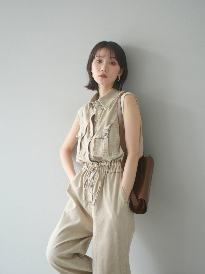 [予約]ポケットデザインデニムオールインワン/キャメル