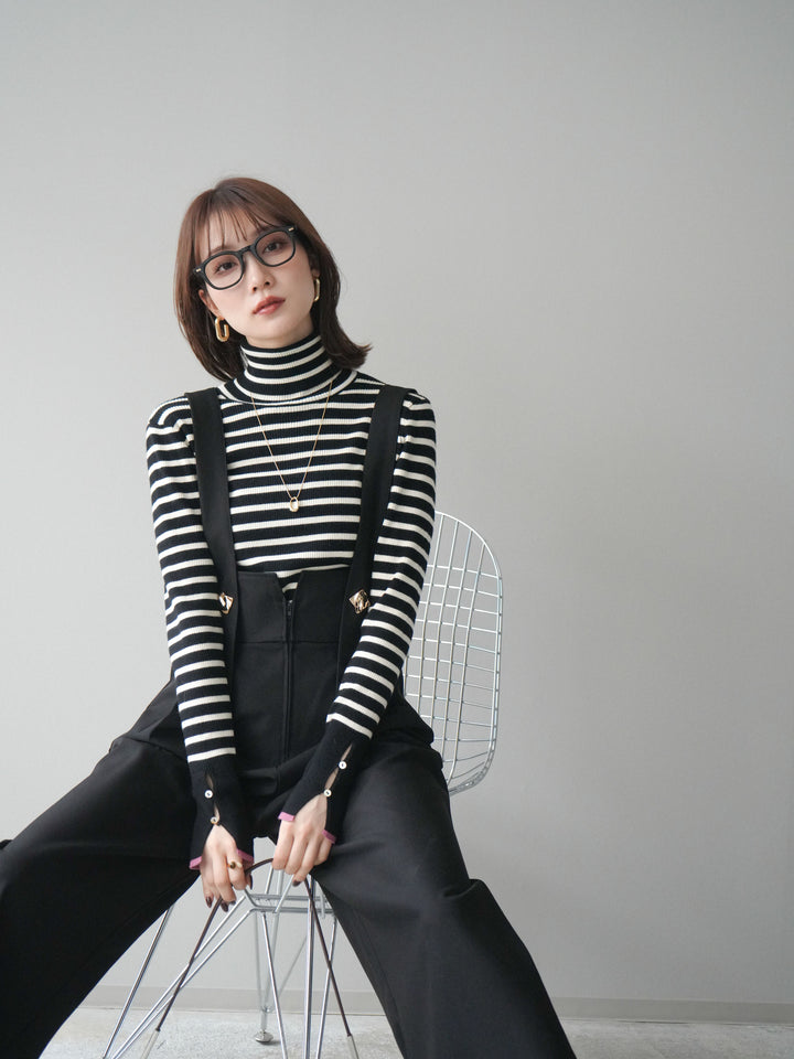 [SET]袖配色ハイネックボーダーリブニットトップス+袖配色ハイネックボーダーリブニットトップス(2set)