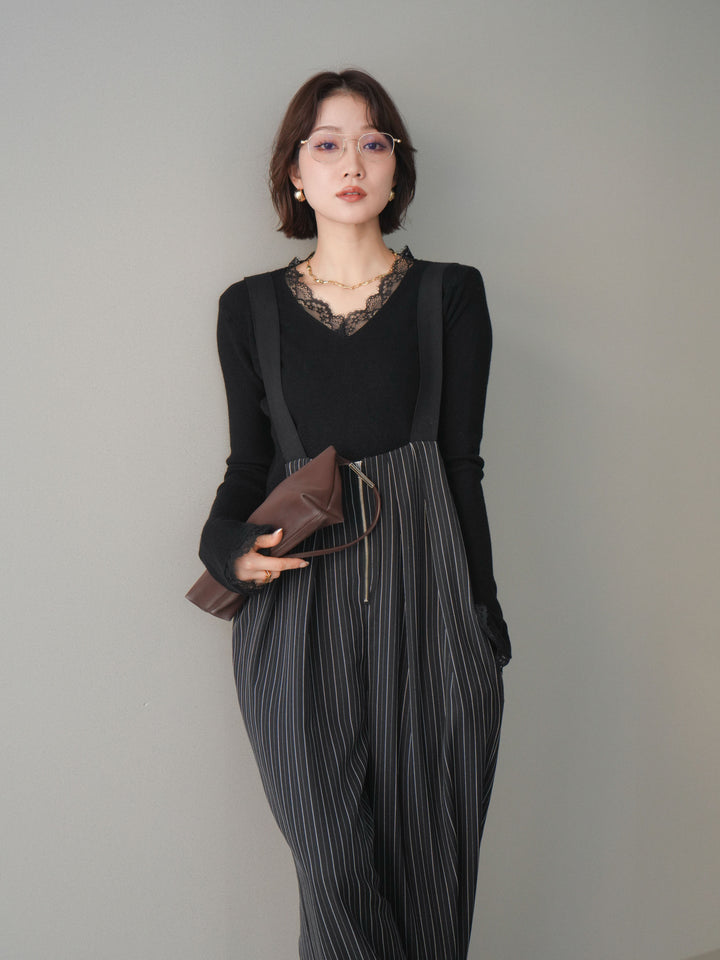 [SET]レースドッキングVネックニットトップス+グログランテープストライプサロペット(2set)