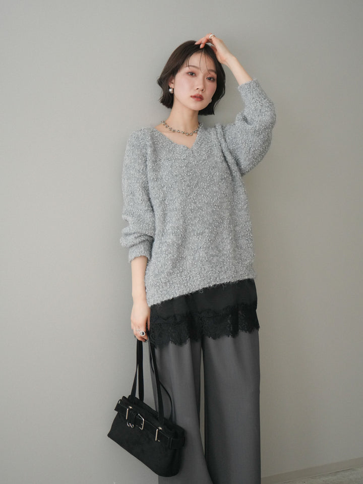 [SET]Vネックスラブニットプルオーバー+選べるアクセセット(2set)