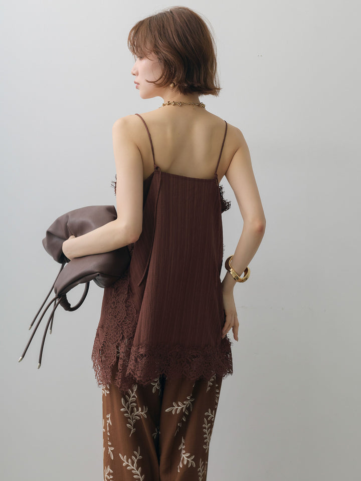 [予約]ワッシャーテクスチャーレーストリムキャミソール/brown