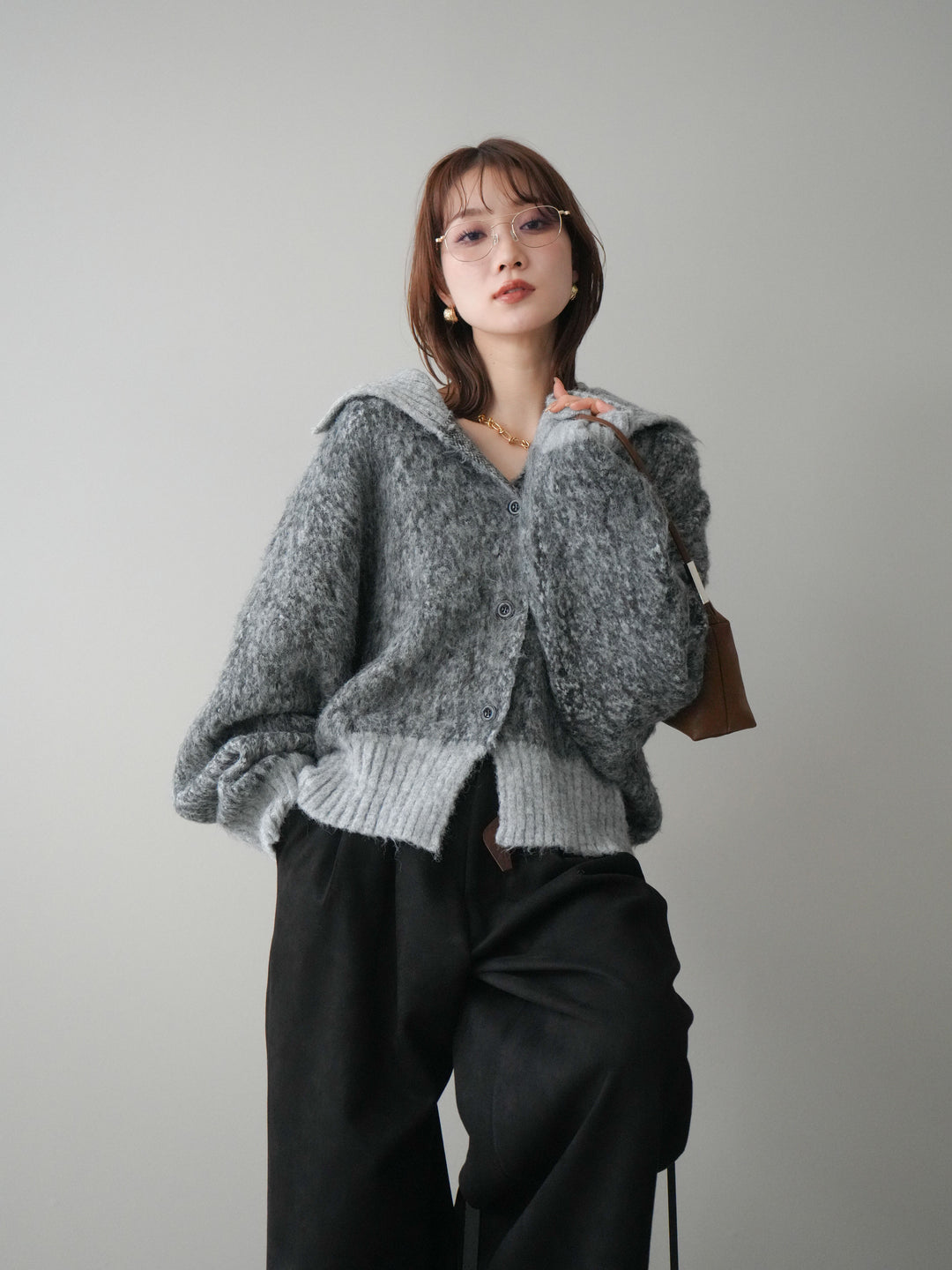 [SET]リブ切替メランジニットカーディガン+モチーフベルト付スエードタックワイドパンツ(2set)