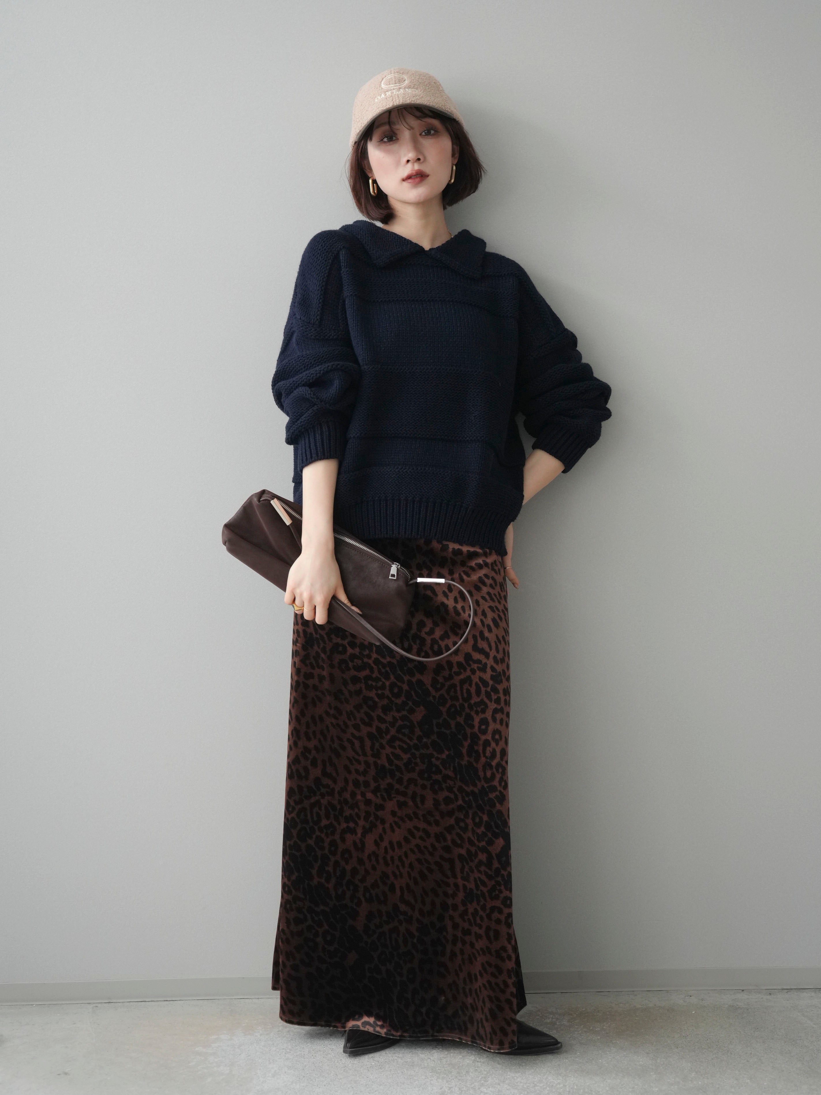 予約]襟付きボーダー編みニットプルオーバー/navy – Lumier