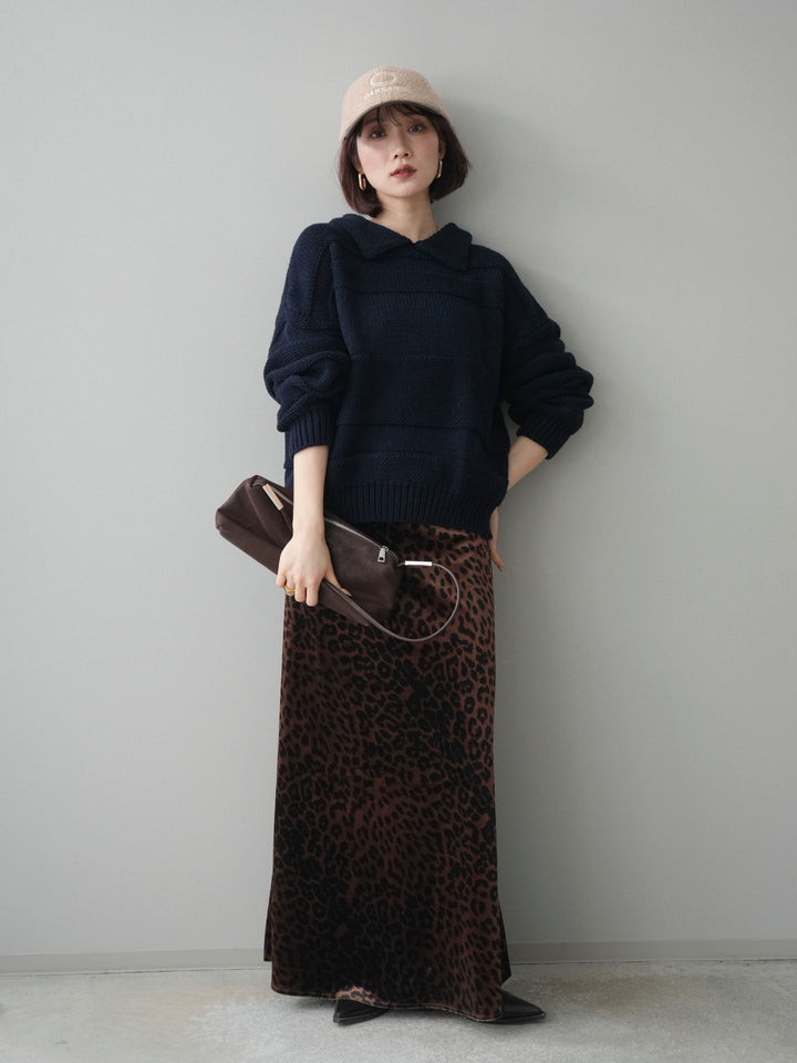 [予約]襟付きボーダー編みニットプルオーバー/navy