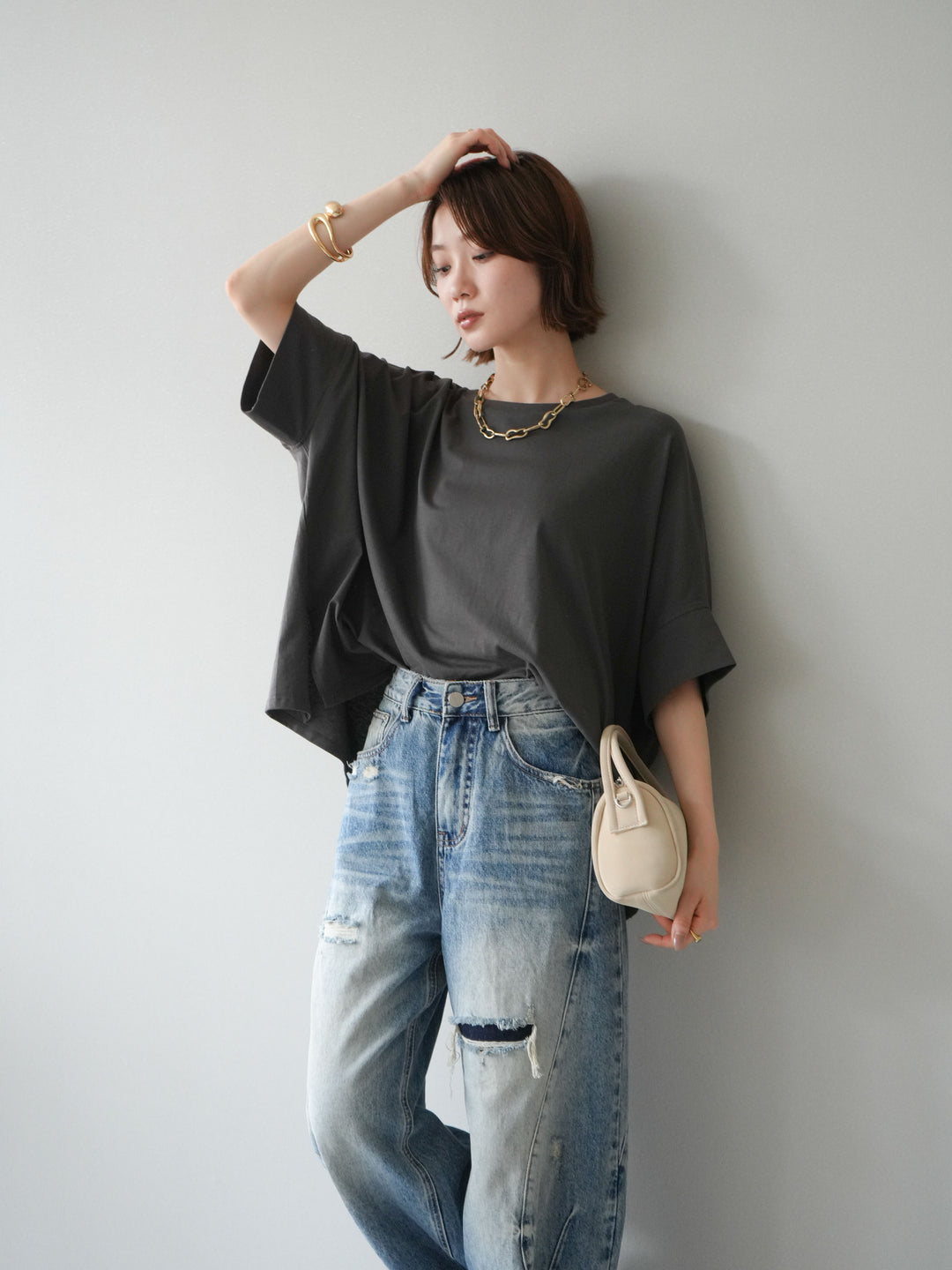 [SET]ドルマンワイドフレアトップス+ダメージカーブワイドデニムパンツ(2set)