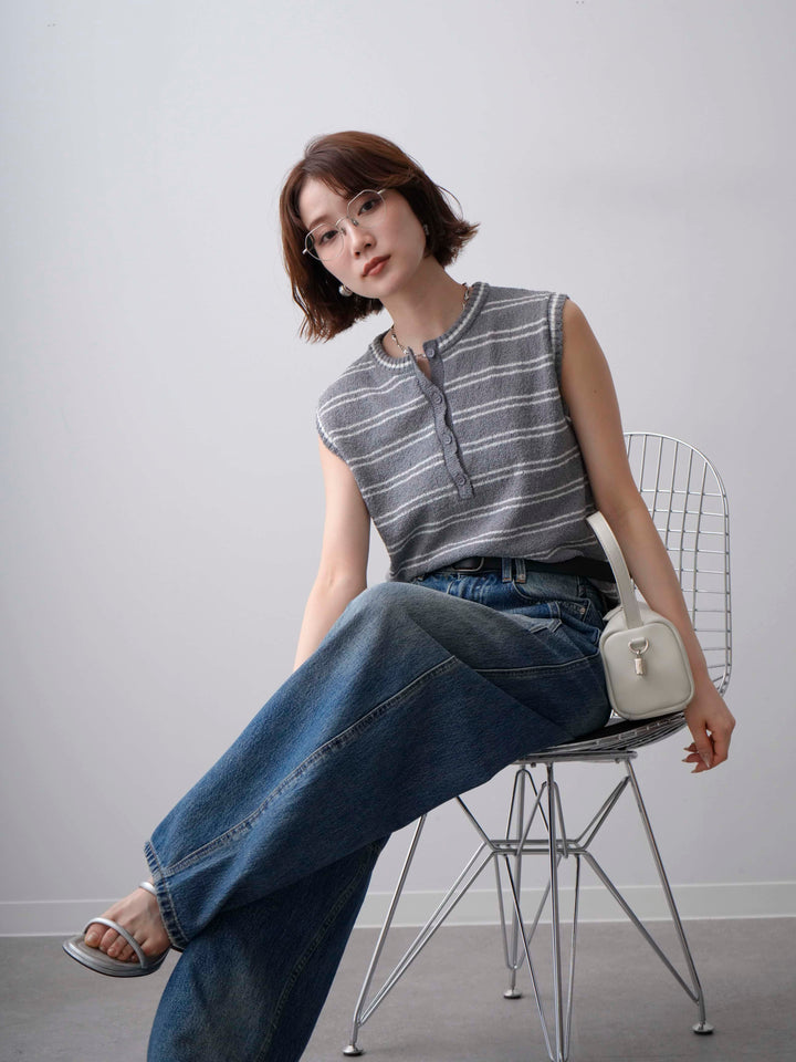 [SET]ボーダーヘンリーノースリニットトップス+立体カーブデニムパンツ(2set)