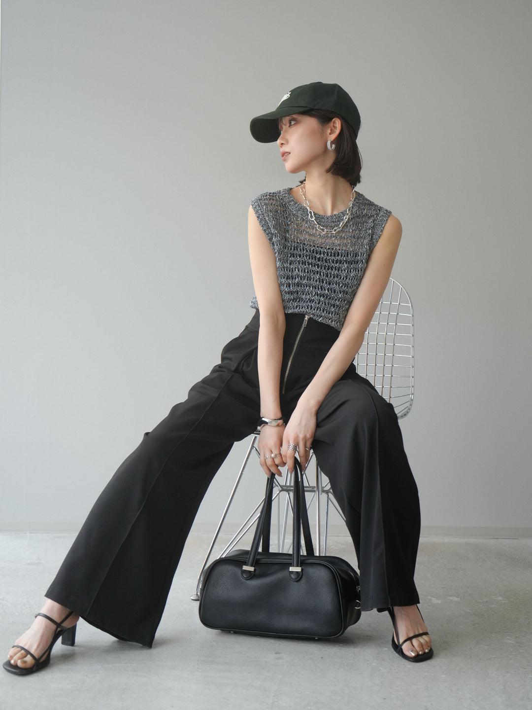 [予約]ミックスヤーン透かし編みニットタンクトップ/ブラック