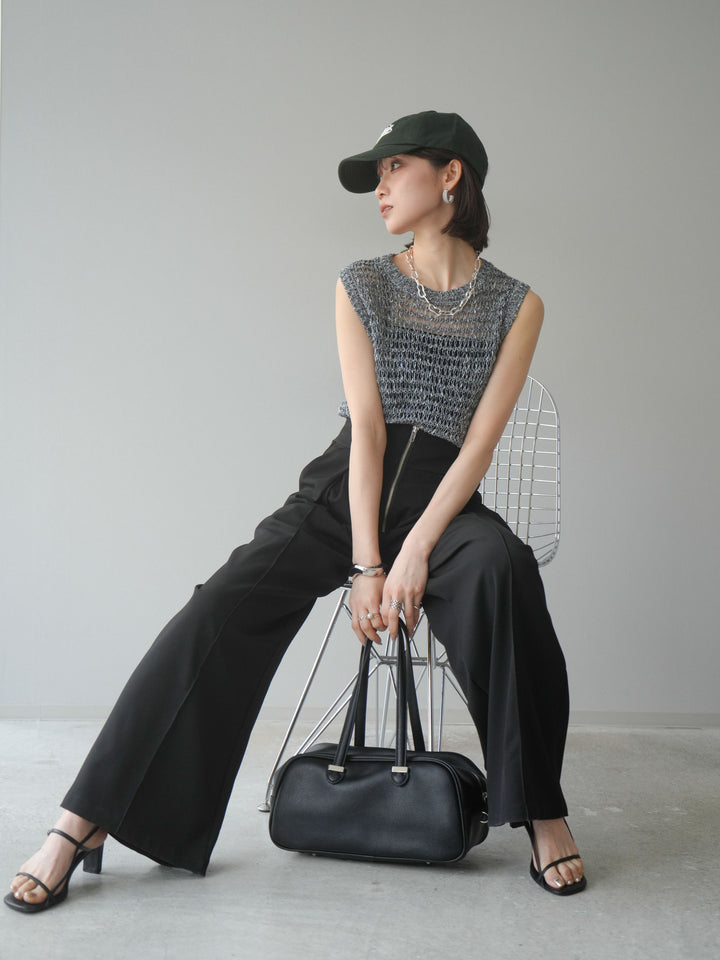 [予約]ミックスヤーン透かし編みニットタンクトップ/ブラック