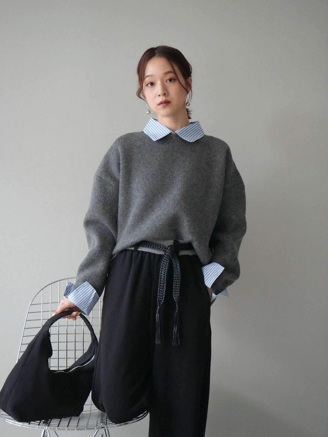 [SET]2WAYストライプ襟ニットプルオーバー+選べるアクセセット(2set)