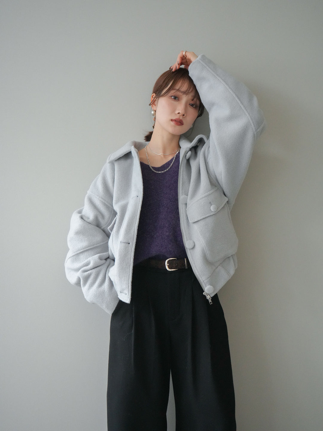 [SET]ウールライクフライトジャケット+シュシュ付きアンゴラタッチVネックニットプルオーバー(2set)