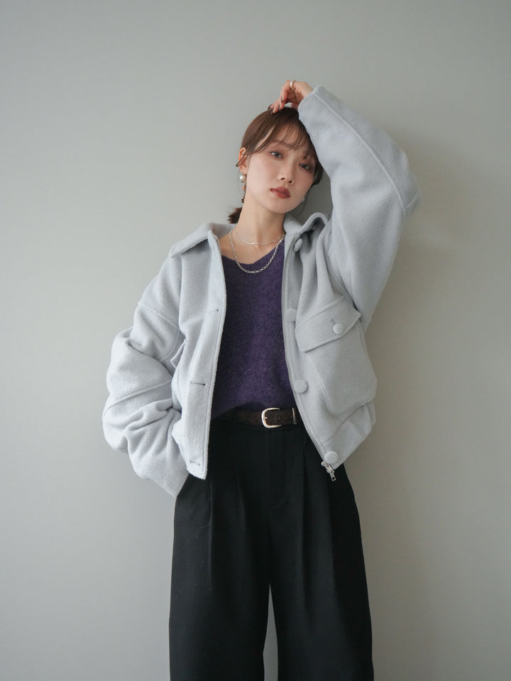 [SET]ウールライクフライトジャケット+シュシュ付きアンゴラタッチVネックニットプルオーバー(2set)