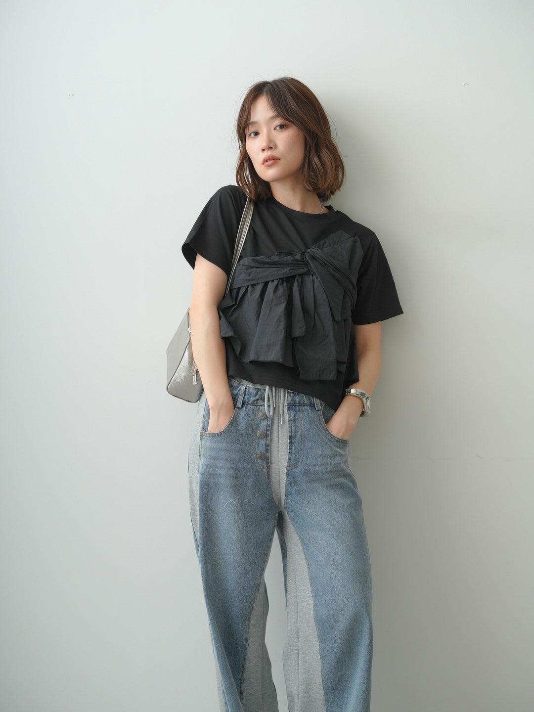 [SET]ナイロンドッキングツイストTEE +デニム切替スウェットパンツ(2set)