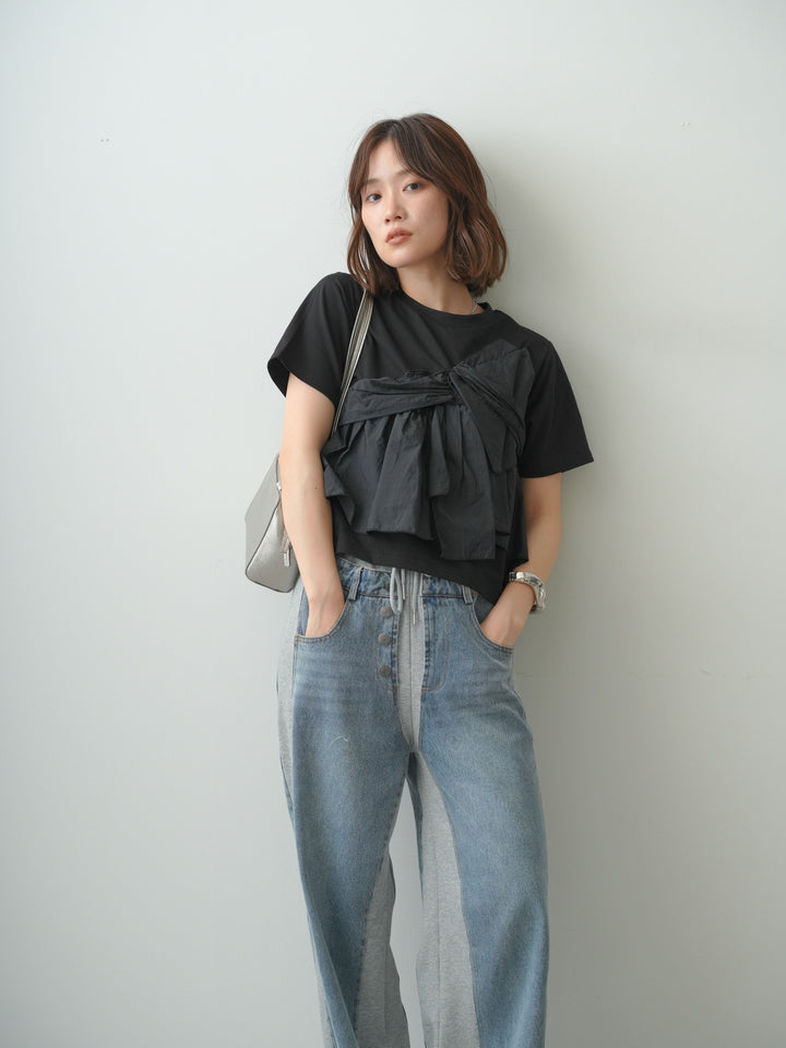 [SET]ナイロンドッキングツイストTEE +デニム切替スウェットパンツ(2set)