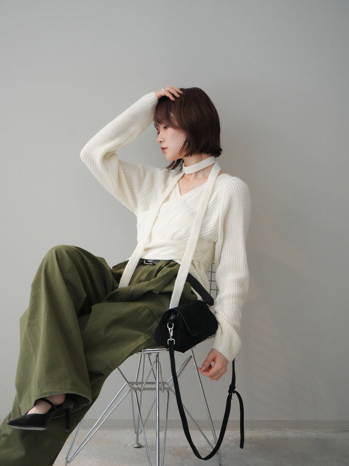 [予約]ケーブル編みクロスニットトップス/white