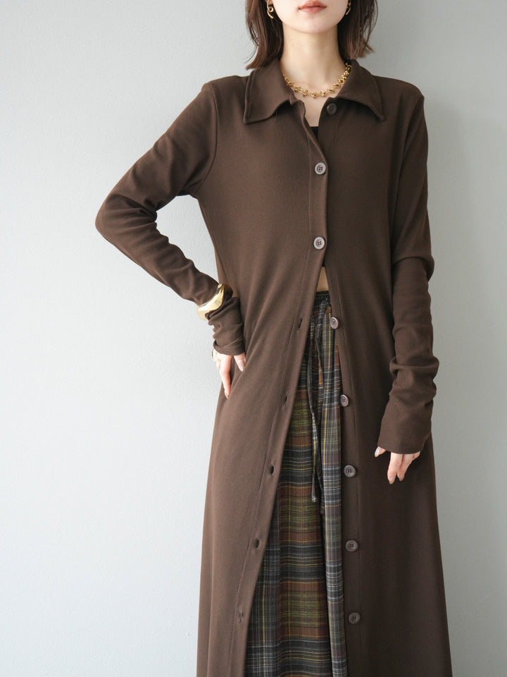 [予約]襟付きカットリブボタンワンピース/ブラウン