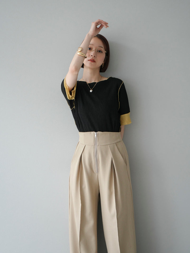 [SET] 百褶同色船領套頭衫 + 拉鍊褶襉寬褲 (2 套)