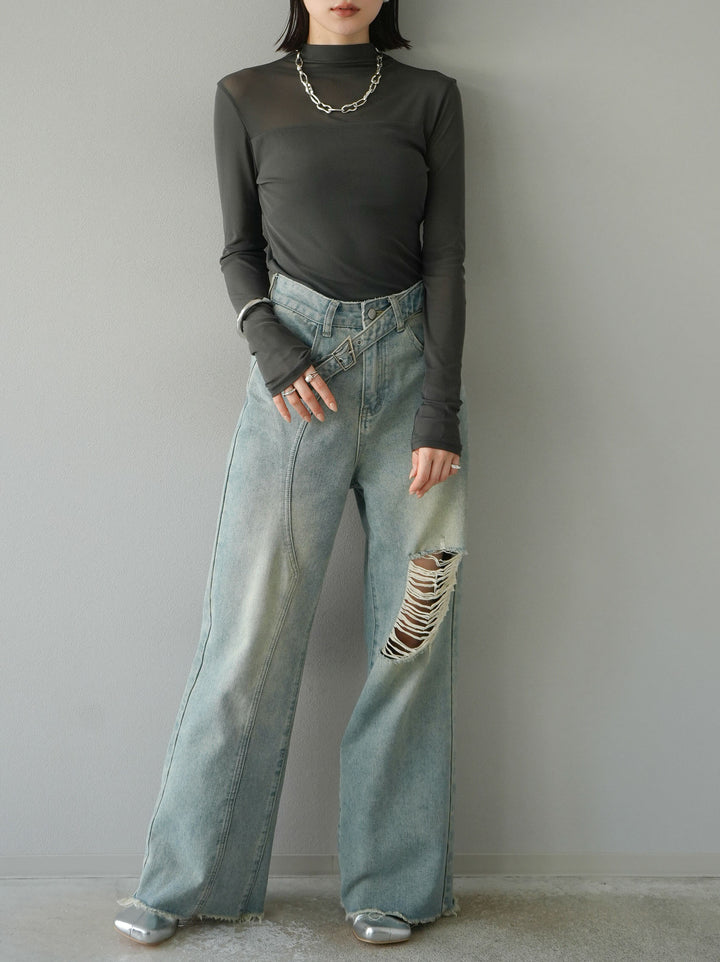 [SET]シアー切替ストレッチ長袖トップス+シアー切替ストレッチトップス(2set)