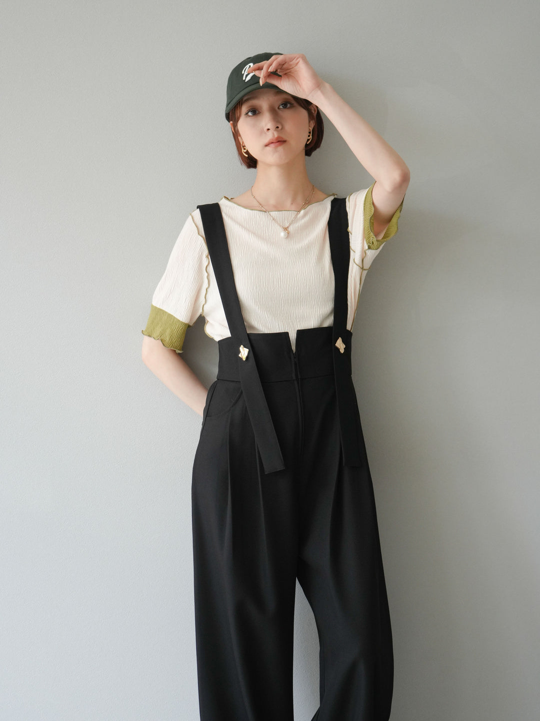 [SET]プリーツ配色ボートネックプルオーバー+ゴールドボタンサスペンダーワイドパンツ(2set)
