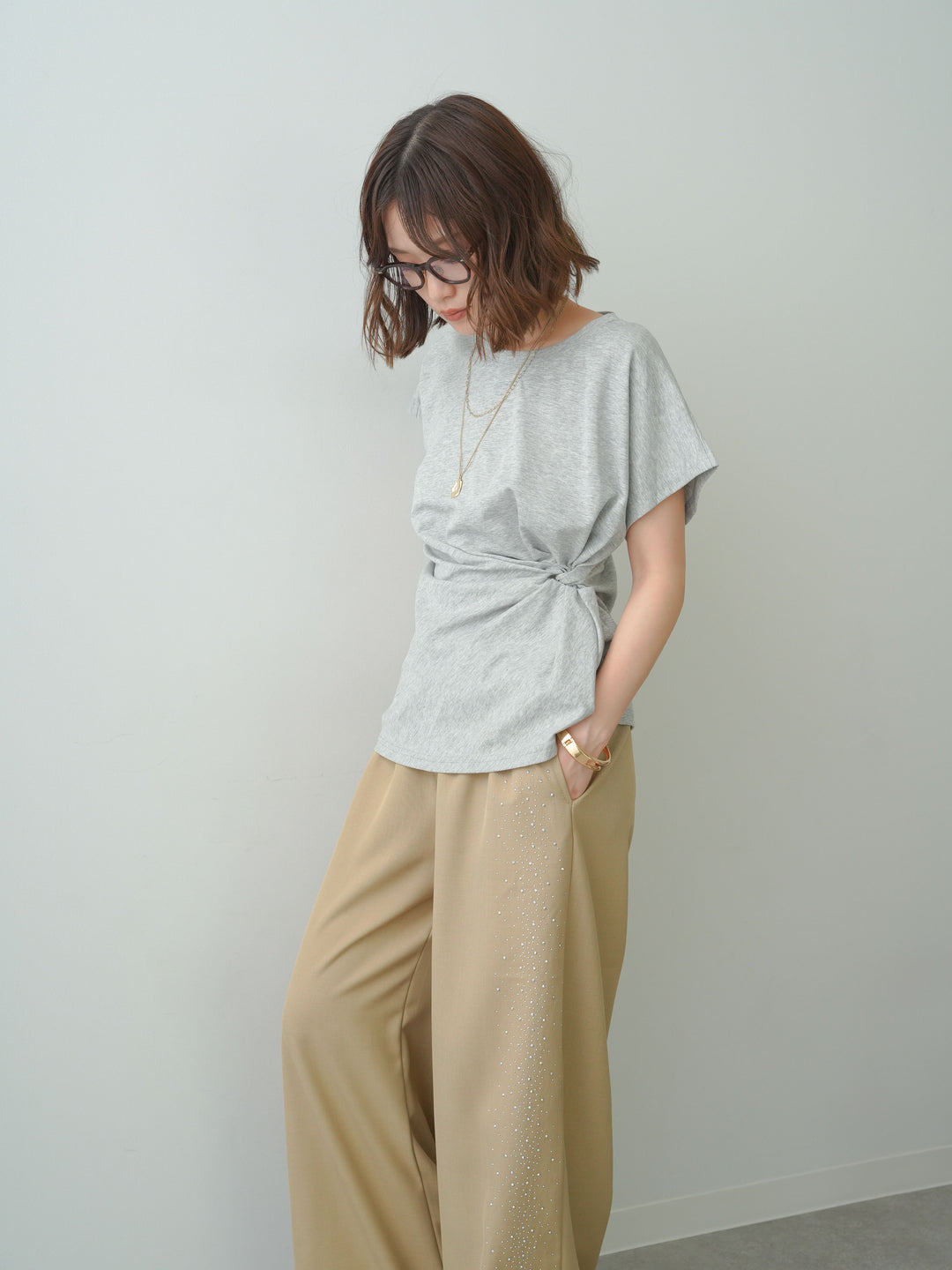 [SET]サイドノットTEE+ポーチベルト付サイドビジュータックワイドパンツ(2set)