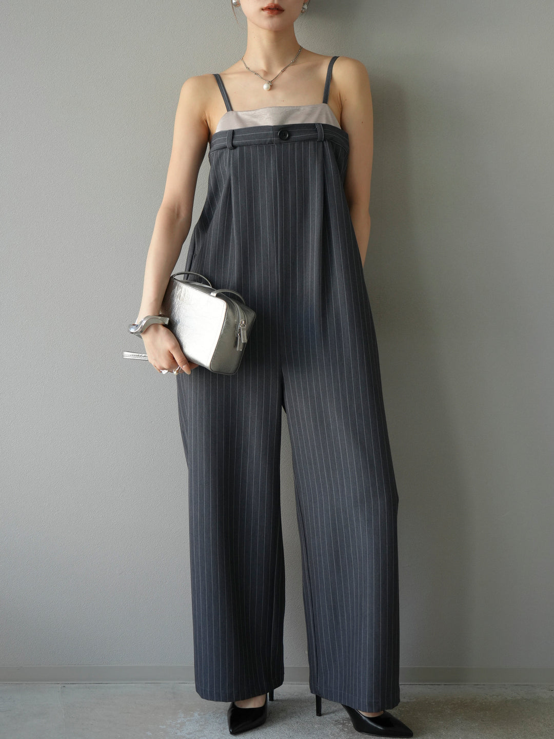 [予約]サテン切替ピンストライプサロペット/グレー