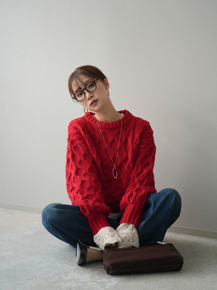 【着回しセット】[SET]バルキーケーブルクロップドニットプルオーバー+アンゴラタッチクルーネックニットプルオーバー+チュールレーストップス(3set)