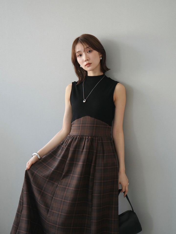 [予約]テレコ×チェックドッキングノースリワンピース/ブラック×ブラウン