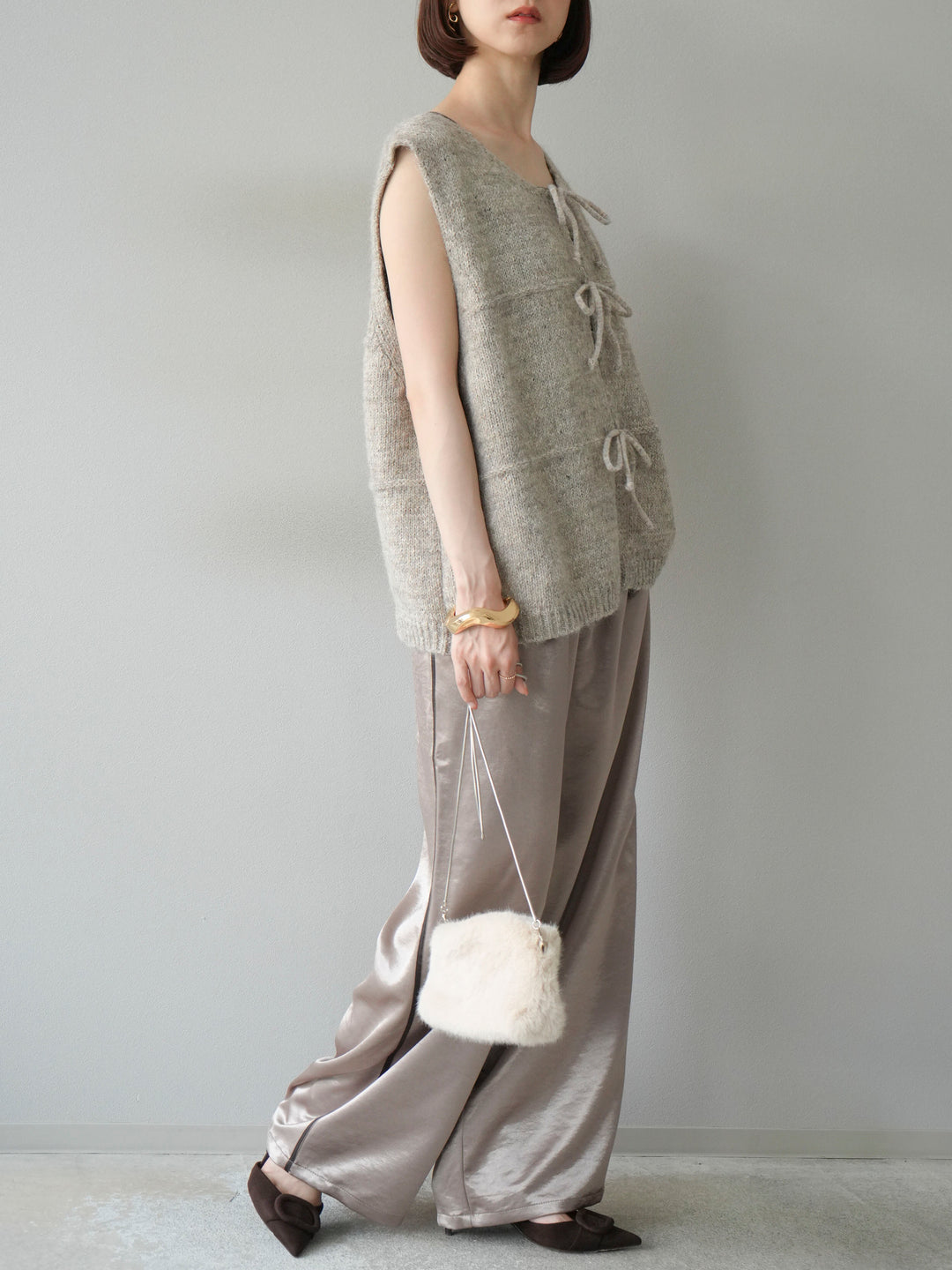 [予約]サテンラインワイドパンツ/グレージュ