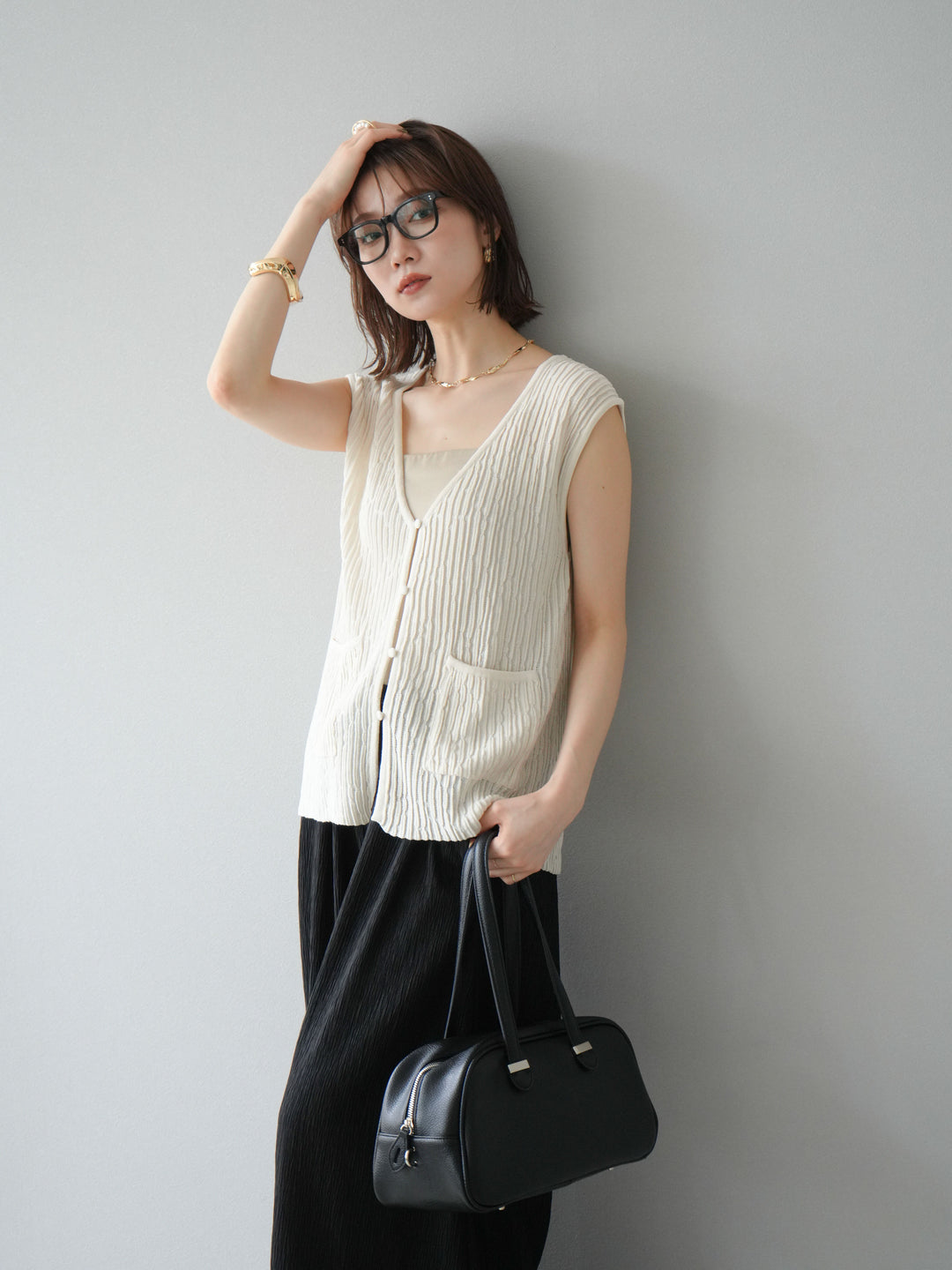 [SET] 波浪夏季針織背心+柳葉寬腿褲（2件套）