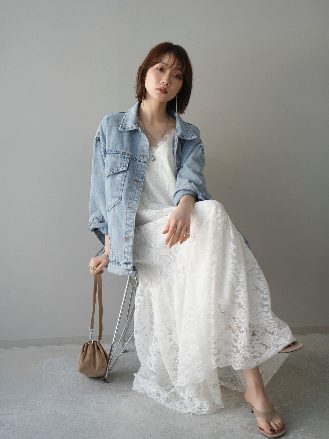 [予約]ギャザー切替レースキャミワンピース/white