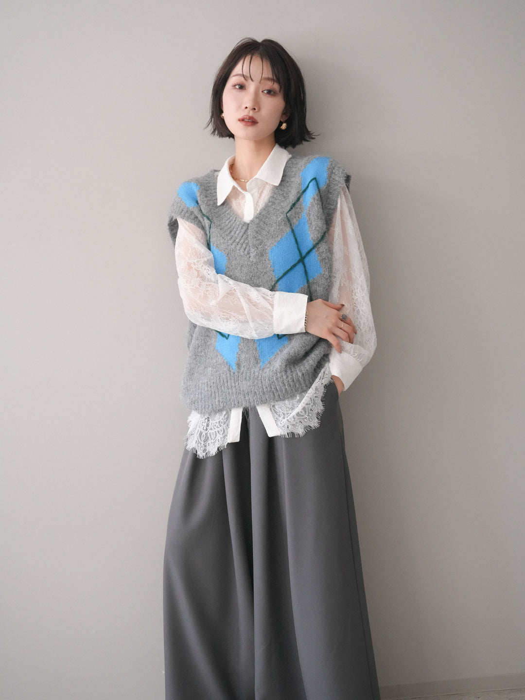 [SET]アーガイルVネックニットベスト+選べるアクセセット(2set)