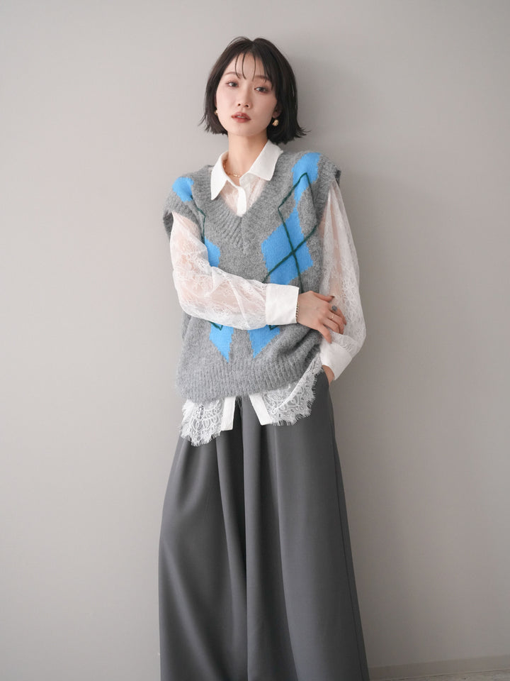 [SET]アーガイルVネックニットベスト+選べるアクセセット(2set)