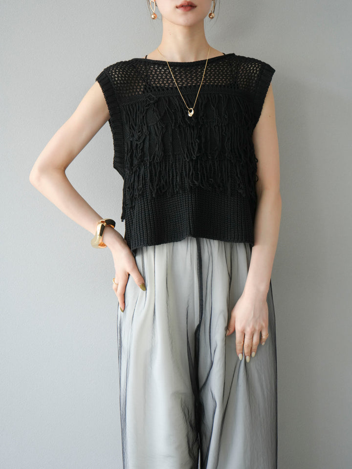 [SET]透かし編みフリンジニットトップス+コード刺繍チュールレイヤードパンツ(2set)