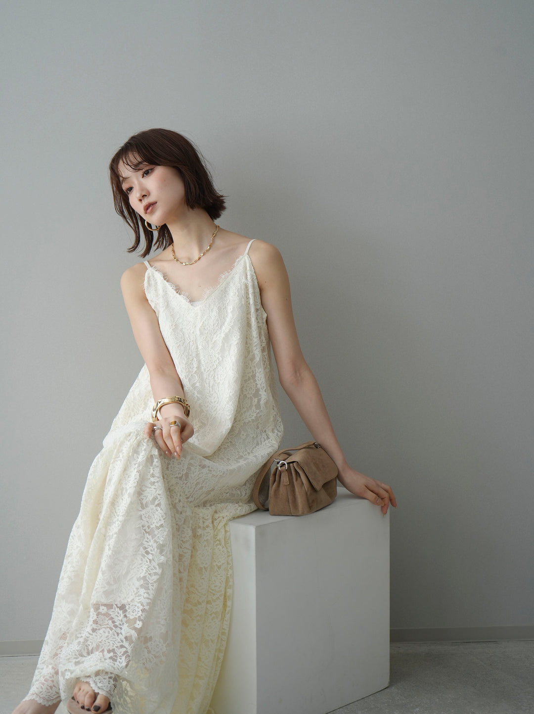 [予約]ギャザー切替レースキャミワンピース/ivory