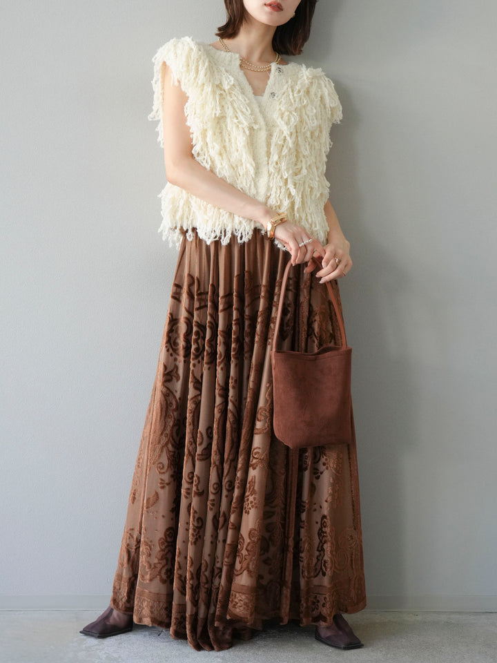 [予約]アンティーク柄フロッキーマキシスカート/ブラウン