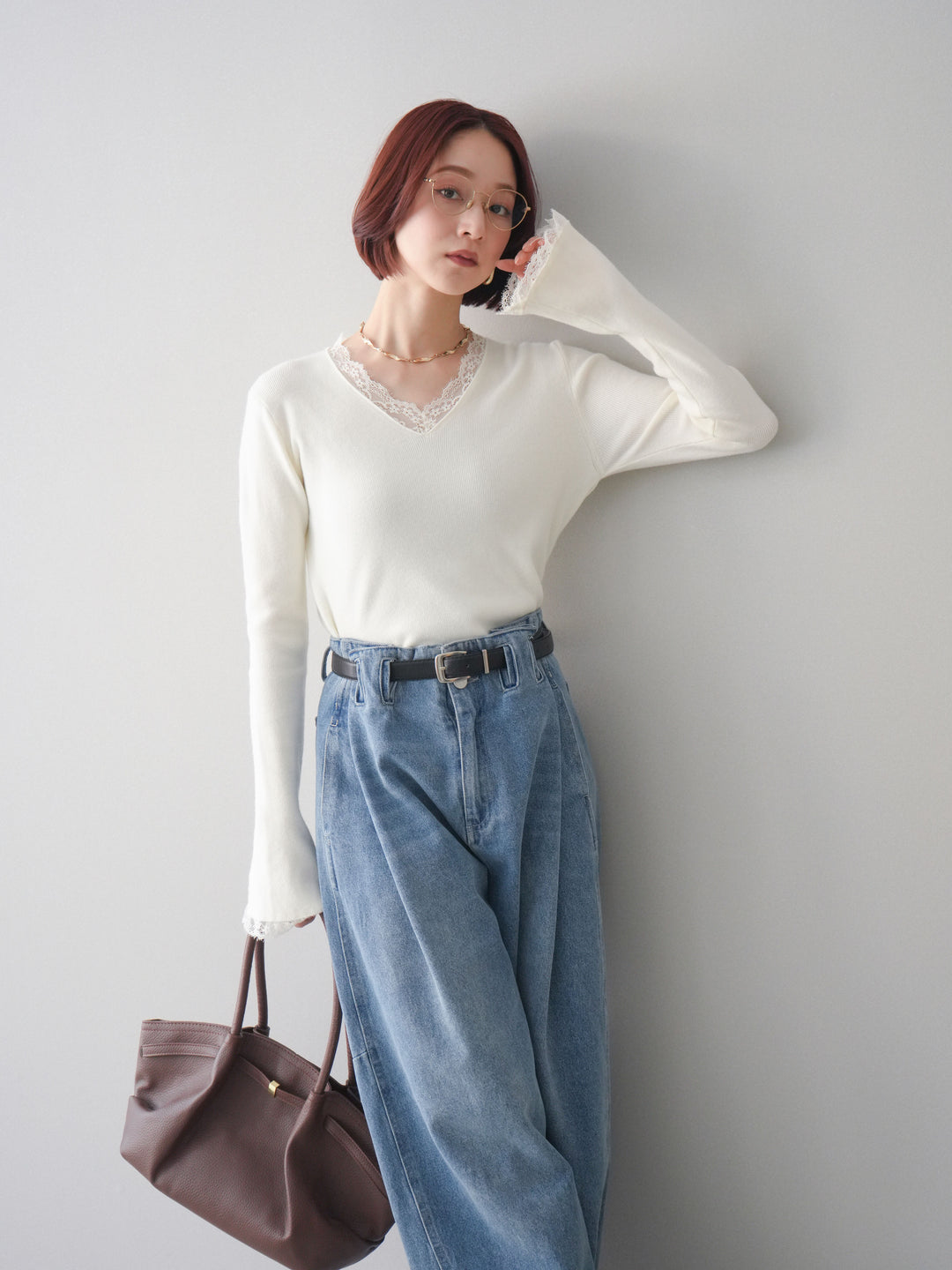 [SET]レースドッキングVネックニットトップス+ハイウエストベルトループデザインデニムパンツ(2set)