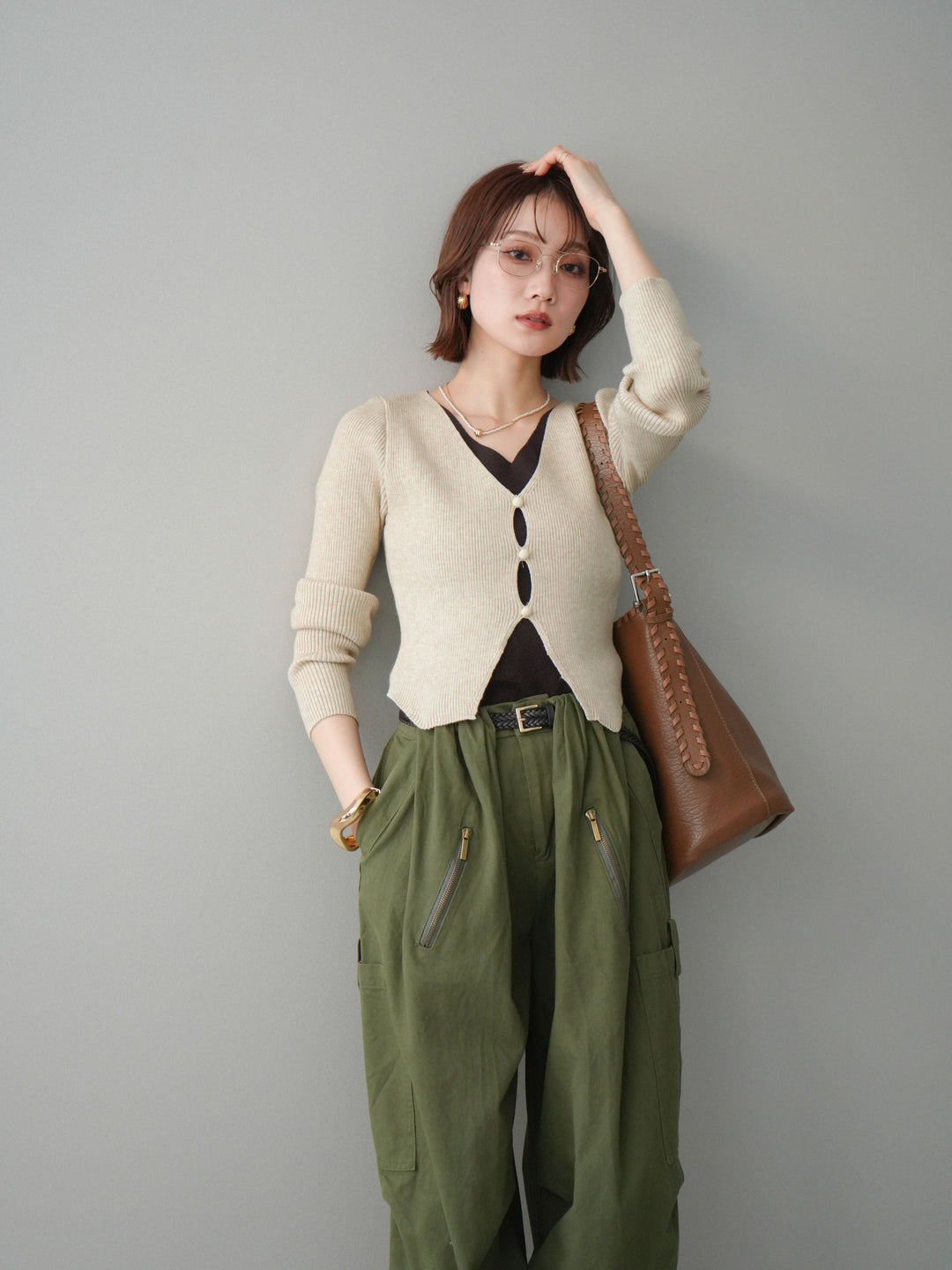 [予約]Vネック配色レイヤードスリットニットトップス/beige