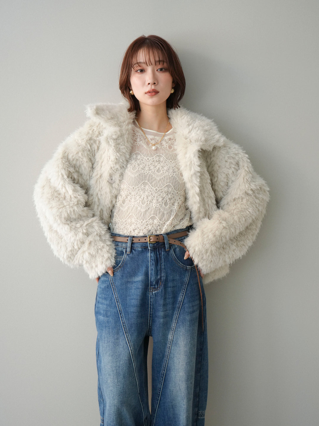 [SET]フェイクファー襟付きショートブルゾン+選べるアクセセット(2set)