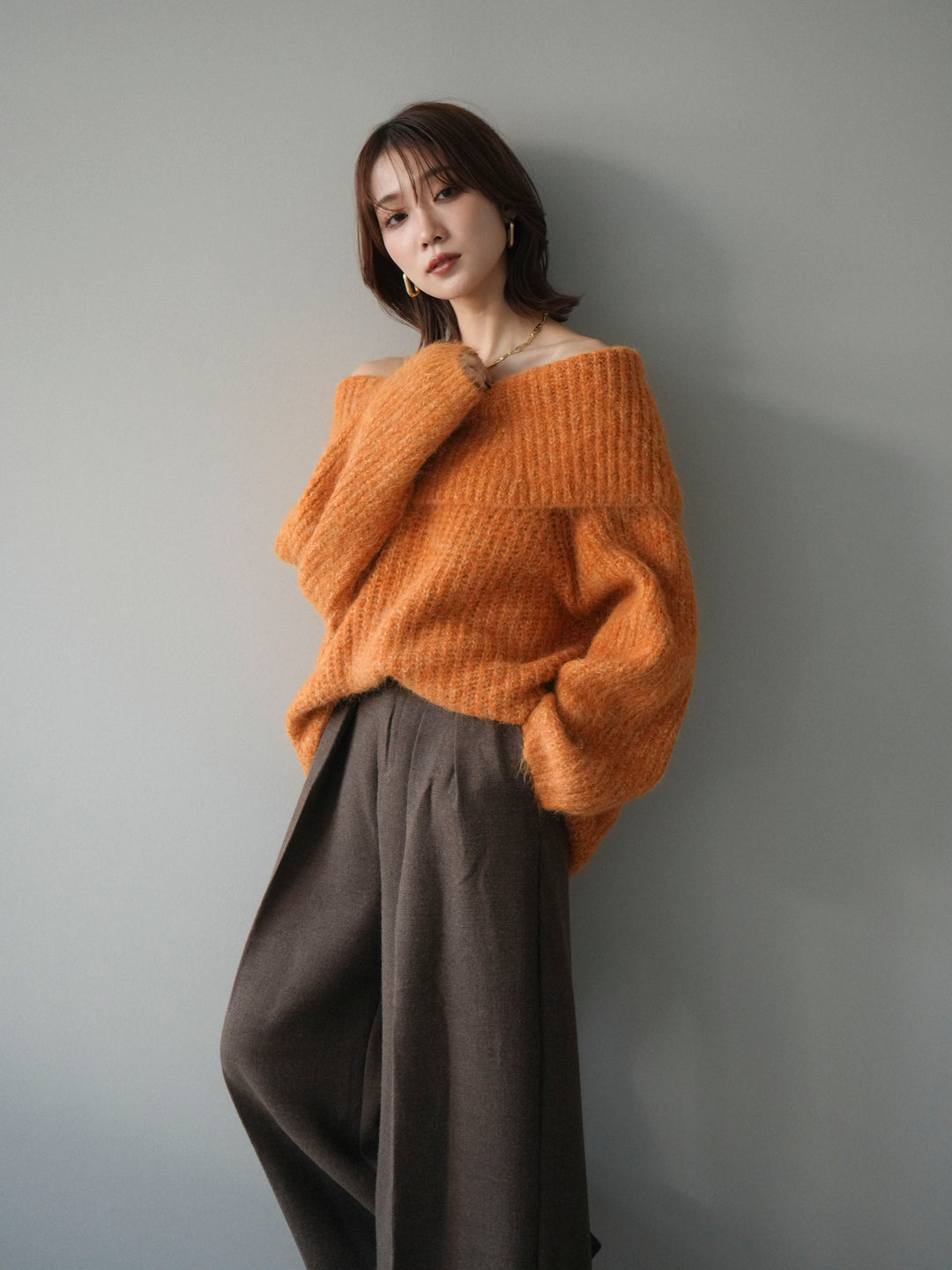 [予約]オフショルミックスニットプルオーバー/orange
