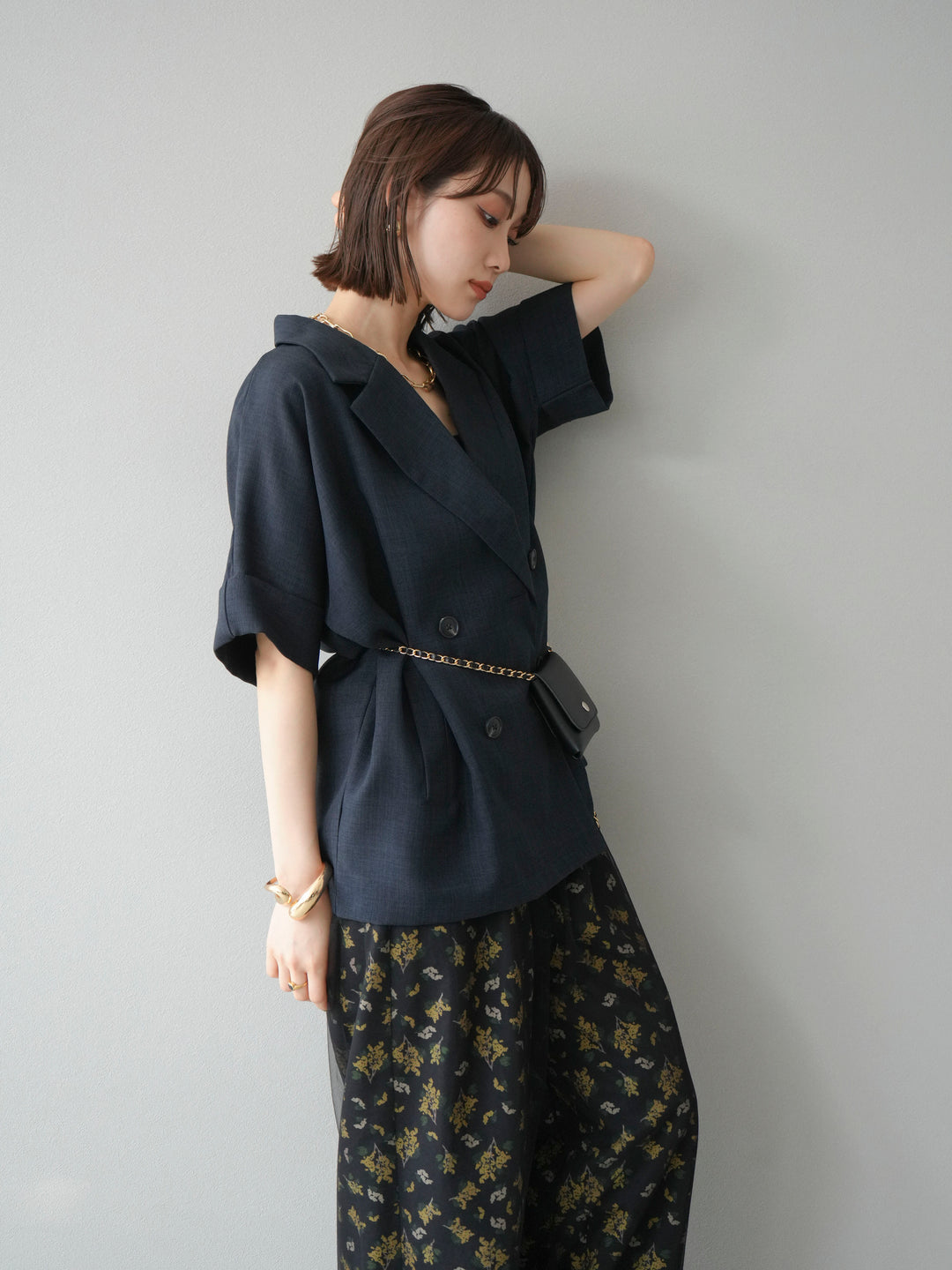 [SET]リネンライクハーフテーラードジャケット+コード刺繍チュールレイヤードパンツ(2set)