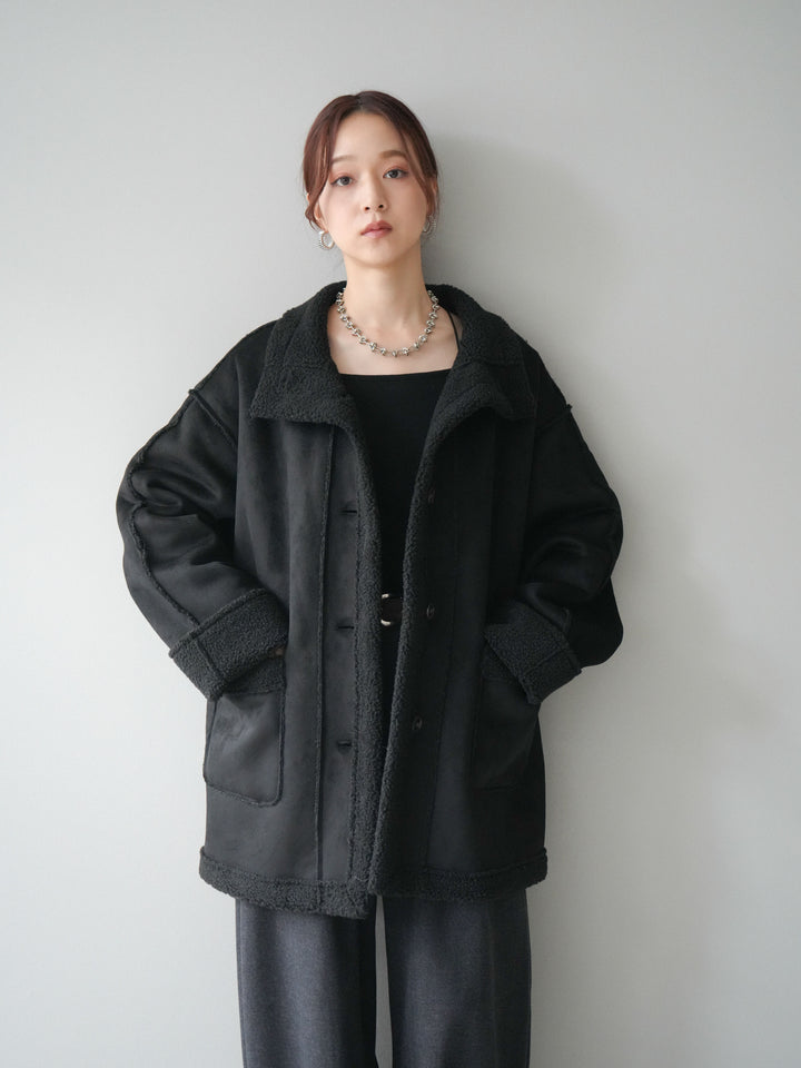 [SET]スタンドネックフェイクムートンミディアムコート+アニマル柄ベルト付きウールタッチワイドパンツ(2set)