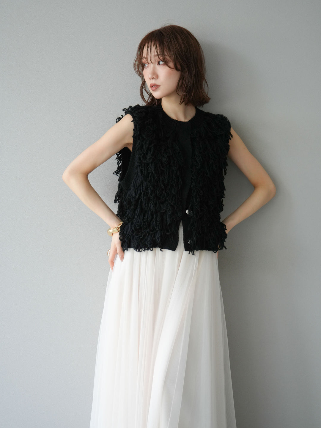 [SET] 前開衩針織背心 + 薄紗蓬鬆裙 (2 件套)