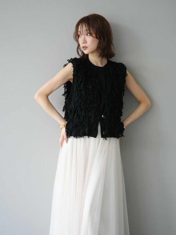 [SET] 前開衩針織背心 + 薄紗蓬鬆裙 (2 件套)