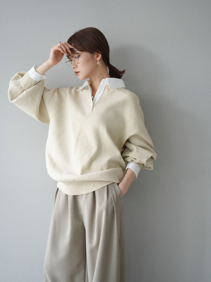 【SET】翻領polo針織套衫+雙褶闊腿褲（2件組）