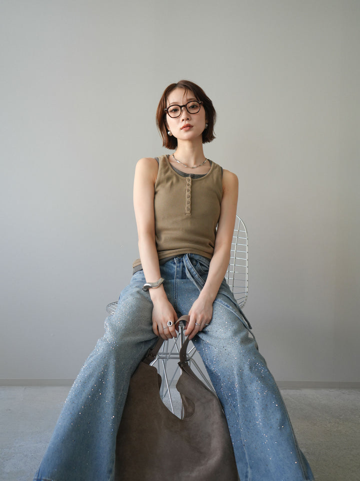 [SET]配色リブヘンリータンクトップ+ウエストベルトビジューワイドデニムパンツ(2set)