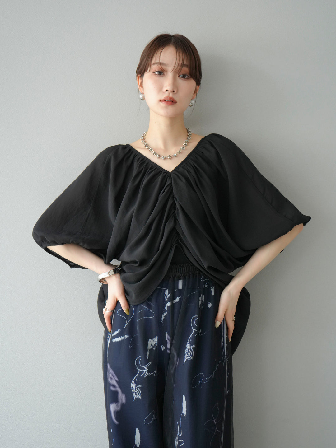 [SET]ボリュームスリーブシアータックブラウス+コード刺繍チュールレイヤードパンツ(2set)