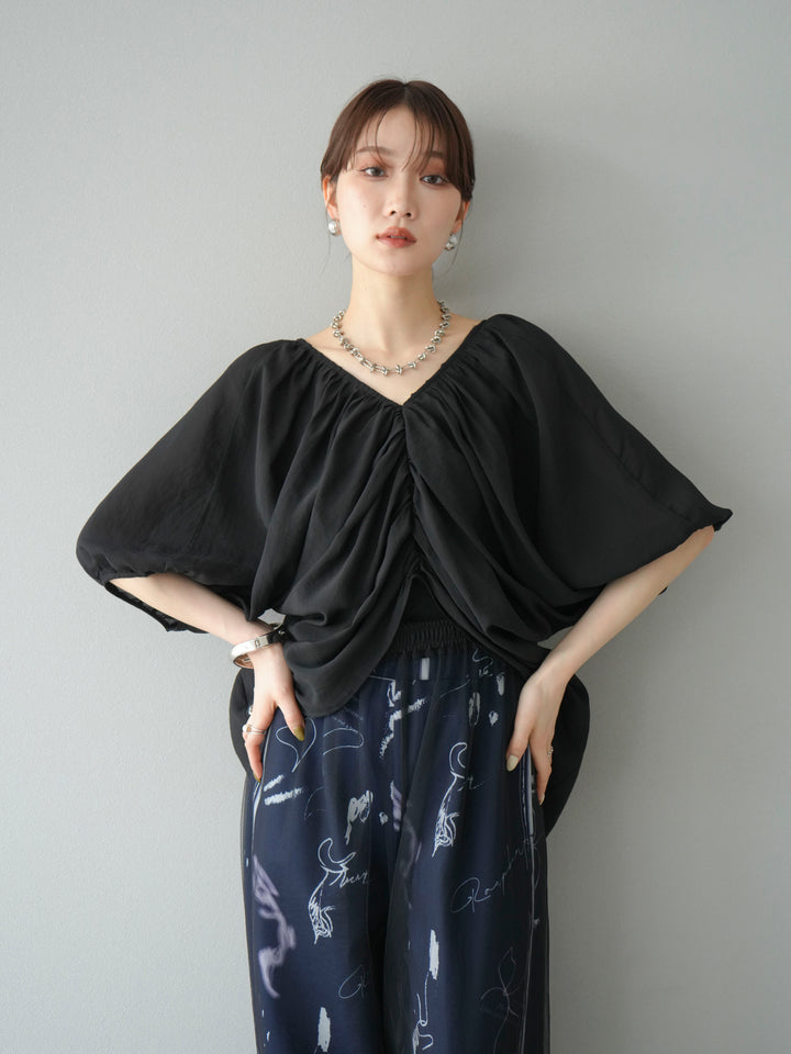 [SET]ボリュームスリーブシアータックブラウス+コード刺繍チュールレイヤードパンツ(2set)