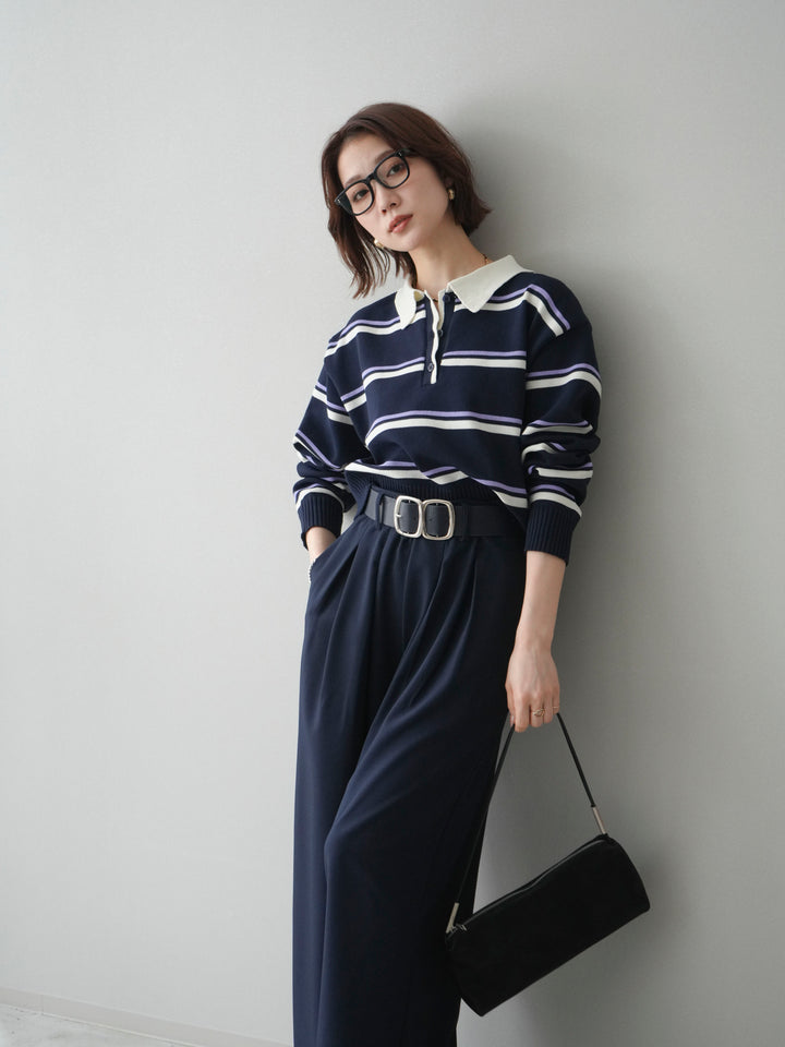 [予約]マルチボーダーポロニットトップス/navy