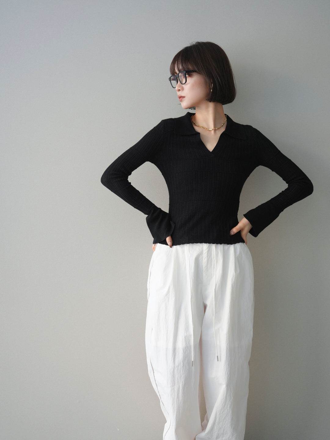 [予約]シアーリブスキッパーニットトップス/black